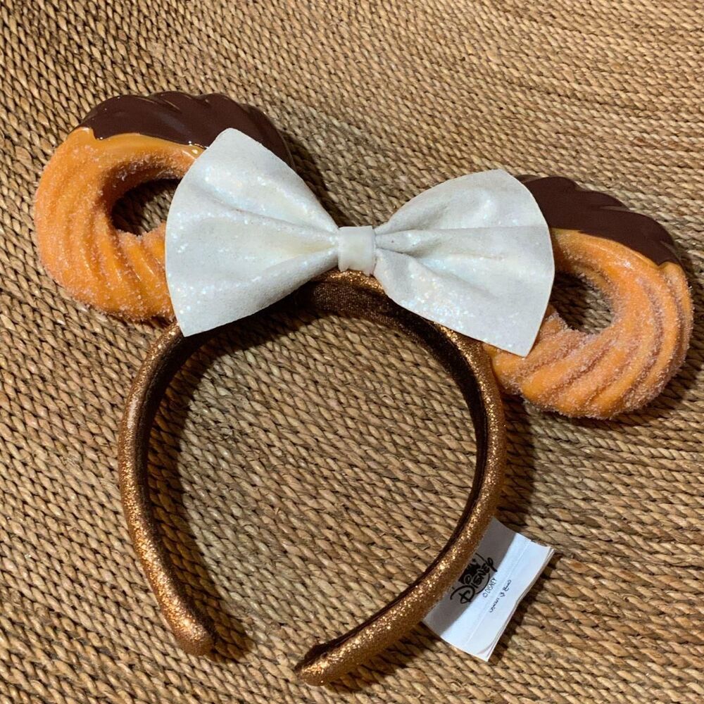 Disney Churro Chocolate White Bow Minnie Mouse Headband Ears